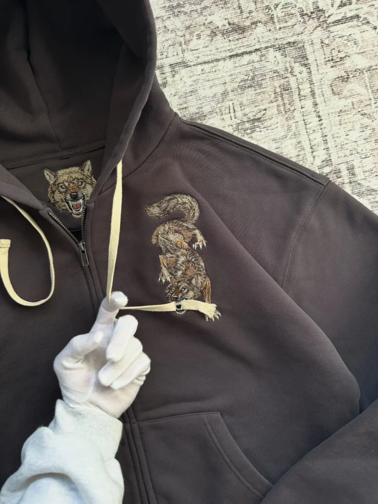 Oversized Y2K Vintage Wolf Embroidery Full-Zip Hoodie