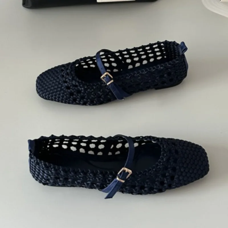 Hollow-Woven Square Toe Mary Jane Flats with Buckle, Waterproof PU - Image 6