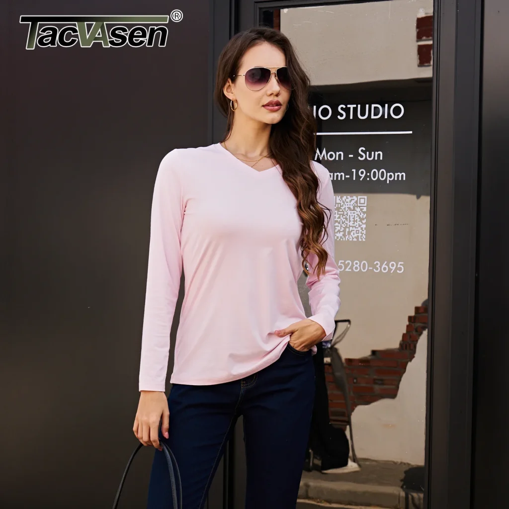 TACVASEN Women's V-Neck Long Sleeve Tee