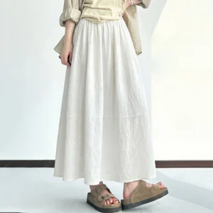 Women's Cotton Linen Pleated Maxi Skirt