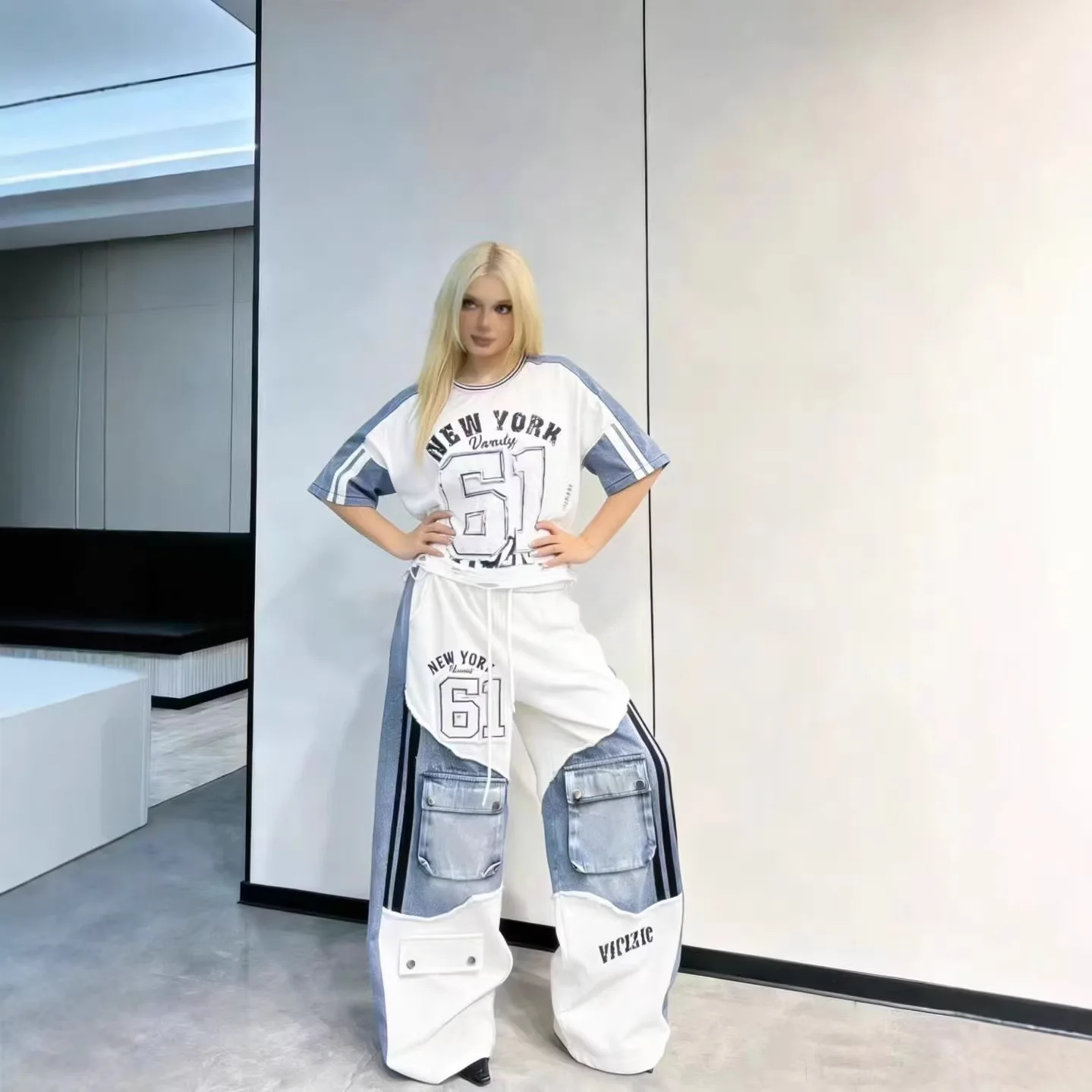 Women's Ripped Denim Tee and Letter Print Pants Set - view 4
