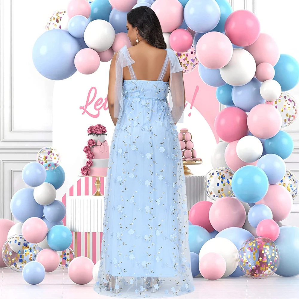 Maternity Photography Tulle Straps Evening Party Gowns Floral Embroidered Mesh Summer Long Dress for Baby Shower Photoshoot - Image 2