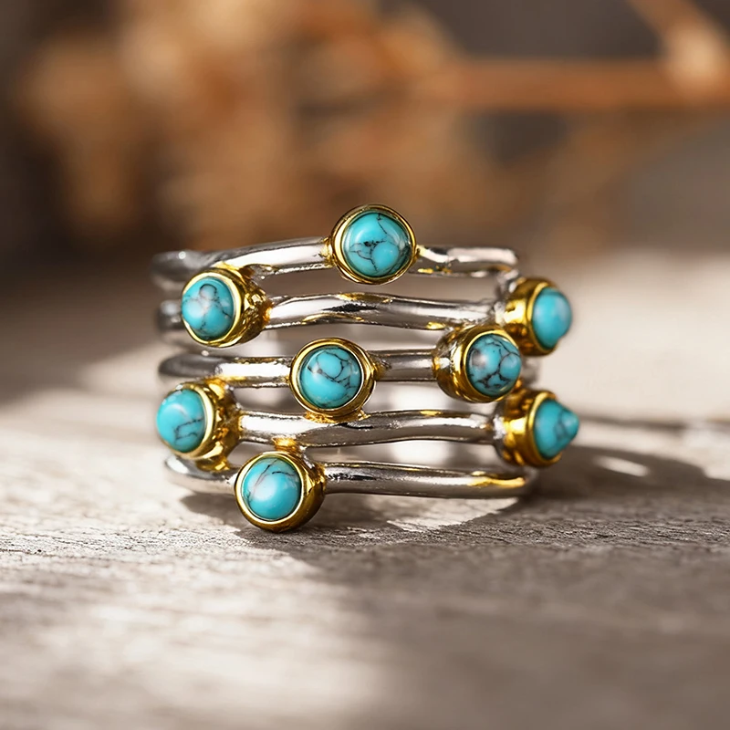 Huitan Bohemian Brass Ring with Imitation Turquoise, Two‑Tone Vintage