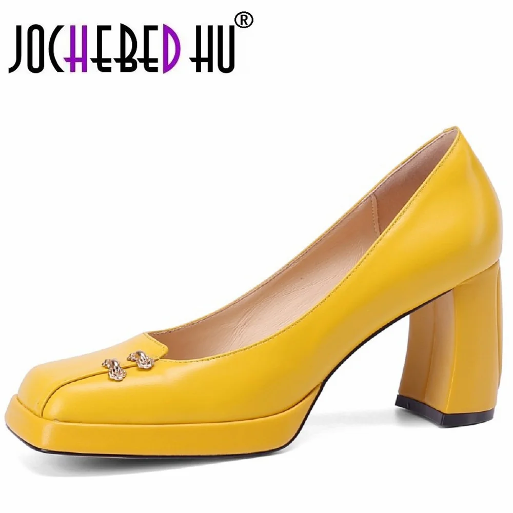 JOCHEBED HU Women’s Leather Square-Toe High Heels, Waterproof Sole