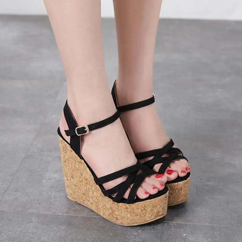 Flock-Upper Wedge Sandals with 11 cm Platform Heel, Open Toe - Image 8