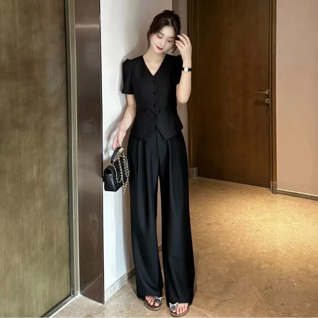Chic Professional Two-Piece Set Short Sleeve Casual Wide Leg Pants Slimming Versatile Small Fragrance Style Summer Fashion - Image 2