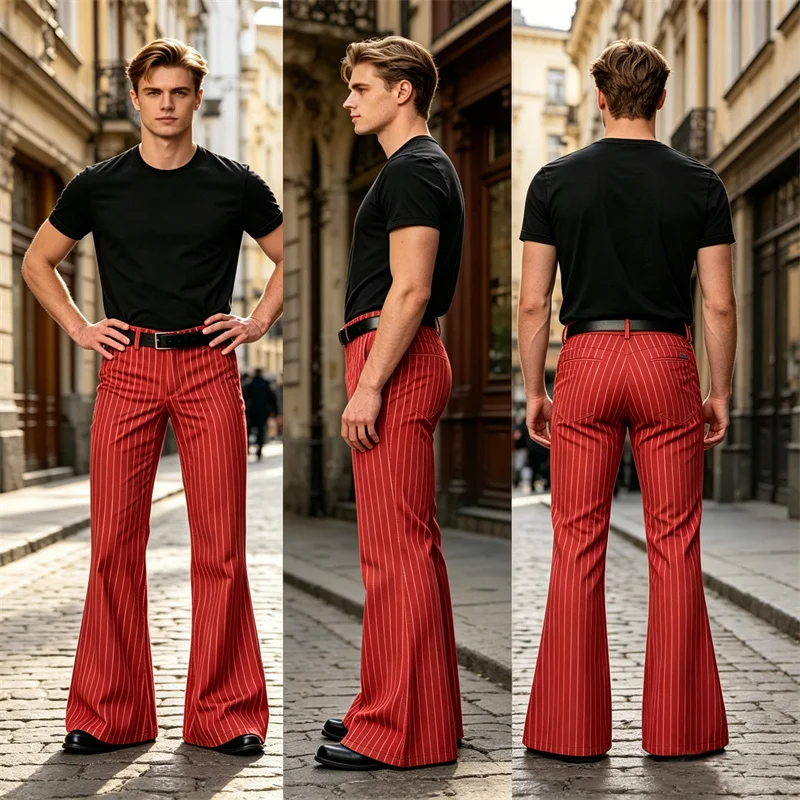 Men's Polyester Pinstripe Flared Pants - Image 3