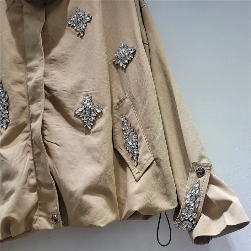 DEAT Women's Coat Loose Khaki Stand-up Collar Zipper Long Sleeve Diamonds Drawstring Jackets 2026 Spring Fashion 29A4829 - Image 3