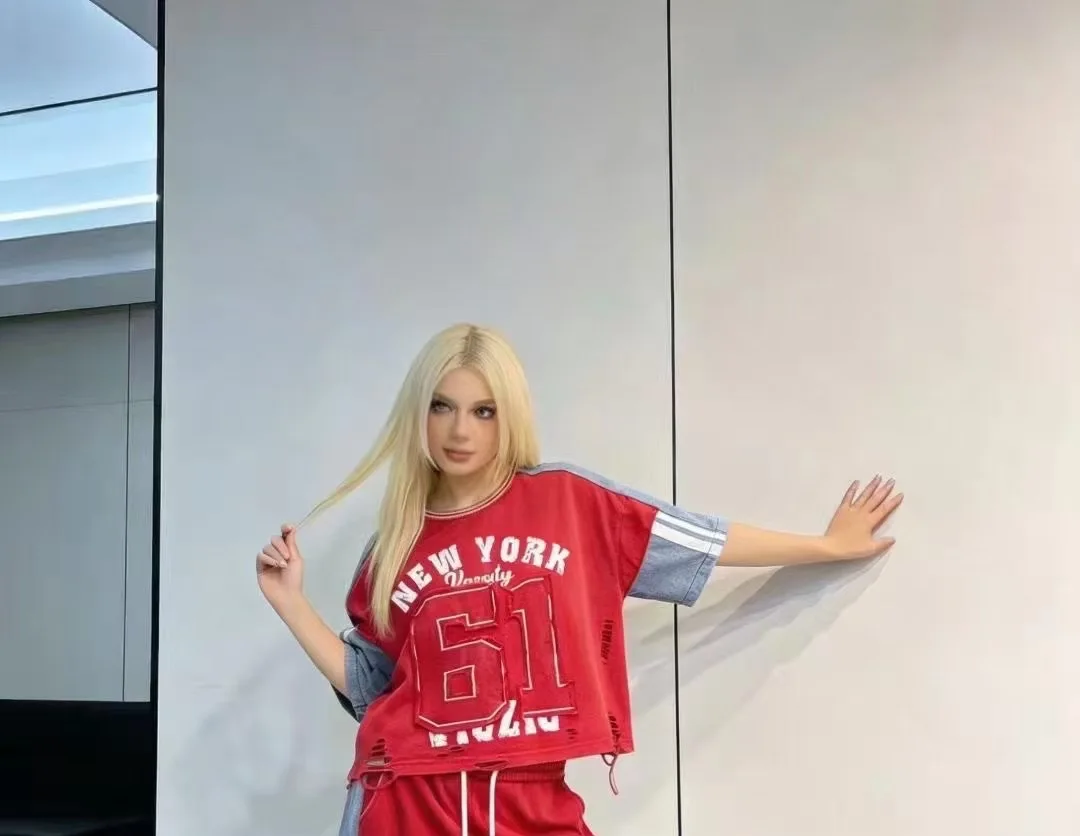 Women's Ripped Denim Tee and Letter Print Pants Set - view 9