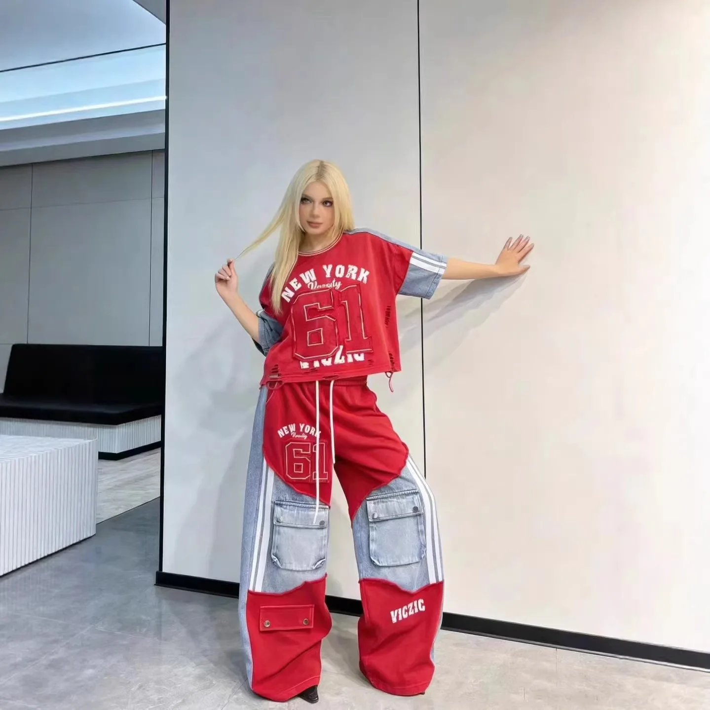 Women's Ripped Denim Tee and Letter Print Pants Set - view 3