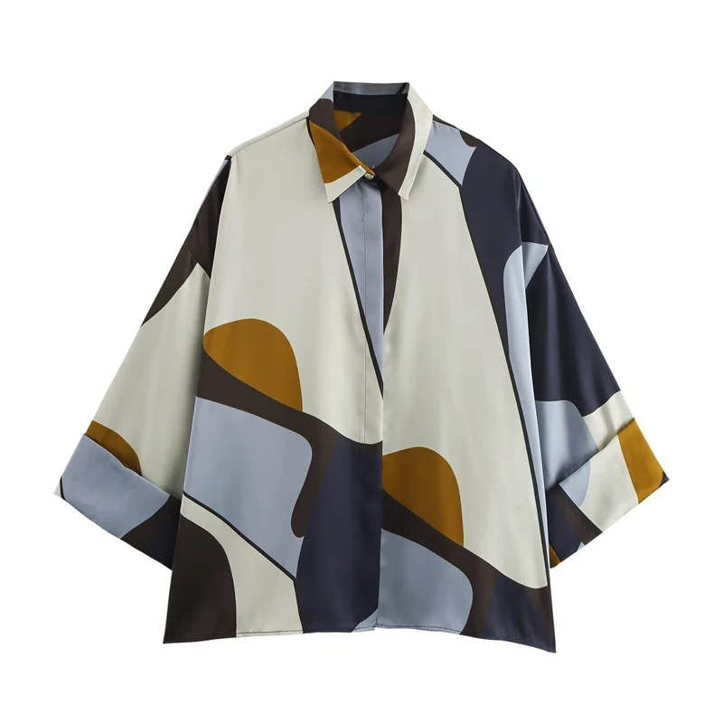 KEYANKETIAN 2025 Spring New Women Color Matching Print Shirt Cropped Top Leisure style Cuffed flared sleeve Loose Satin Blouses - Image 7
