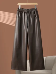 High Waist Real Leather Pants Women's Casual Black Slimming Loose Fit Sheepskin Wide Leg Long Trousers Autumn Winter New Arrival