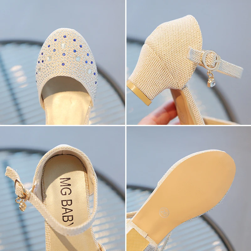 Girls Leather Shoes Pink New with Heel Rhinestone Girls Princess Single Shoes 4-12 Years Old Fashion Non-slip Children's Sandals - Image 6