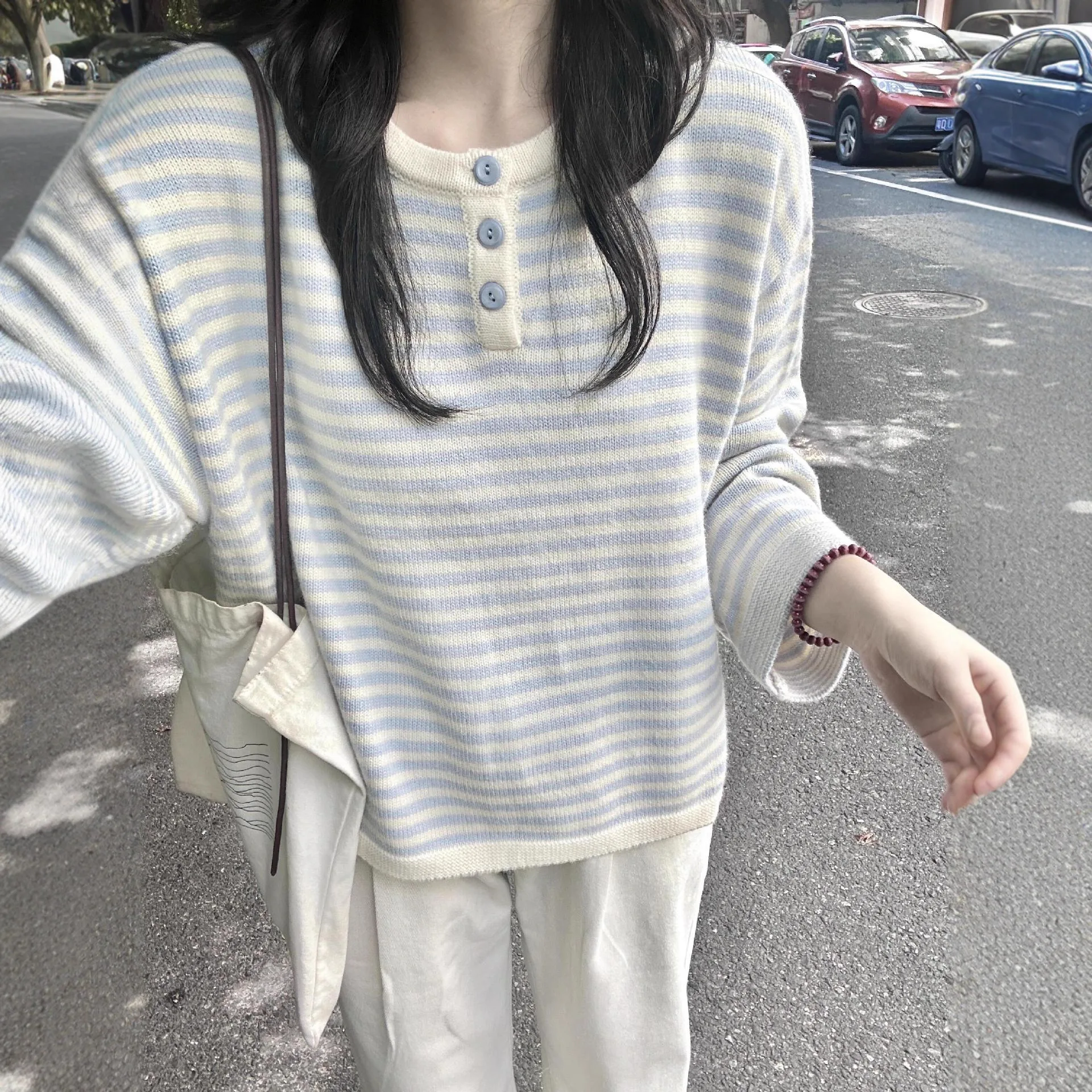 Women's Vintage Striped Button Knit Sweater - view 6