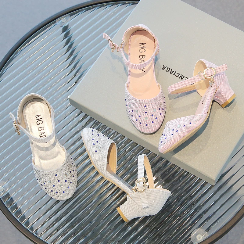 Girls Leather Shoes Pink New with Heel Rhinestone Girls Princess Single Shoes 4-12 Years Old Fashion Non-slip Children's Sandals - Image 3