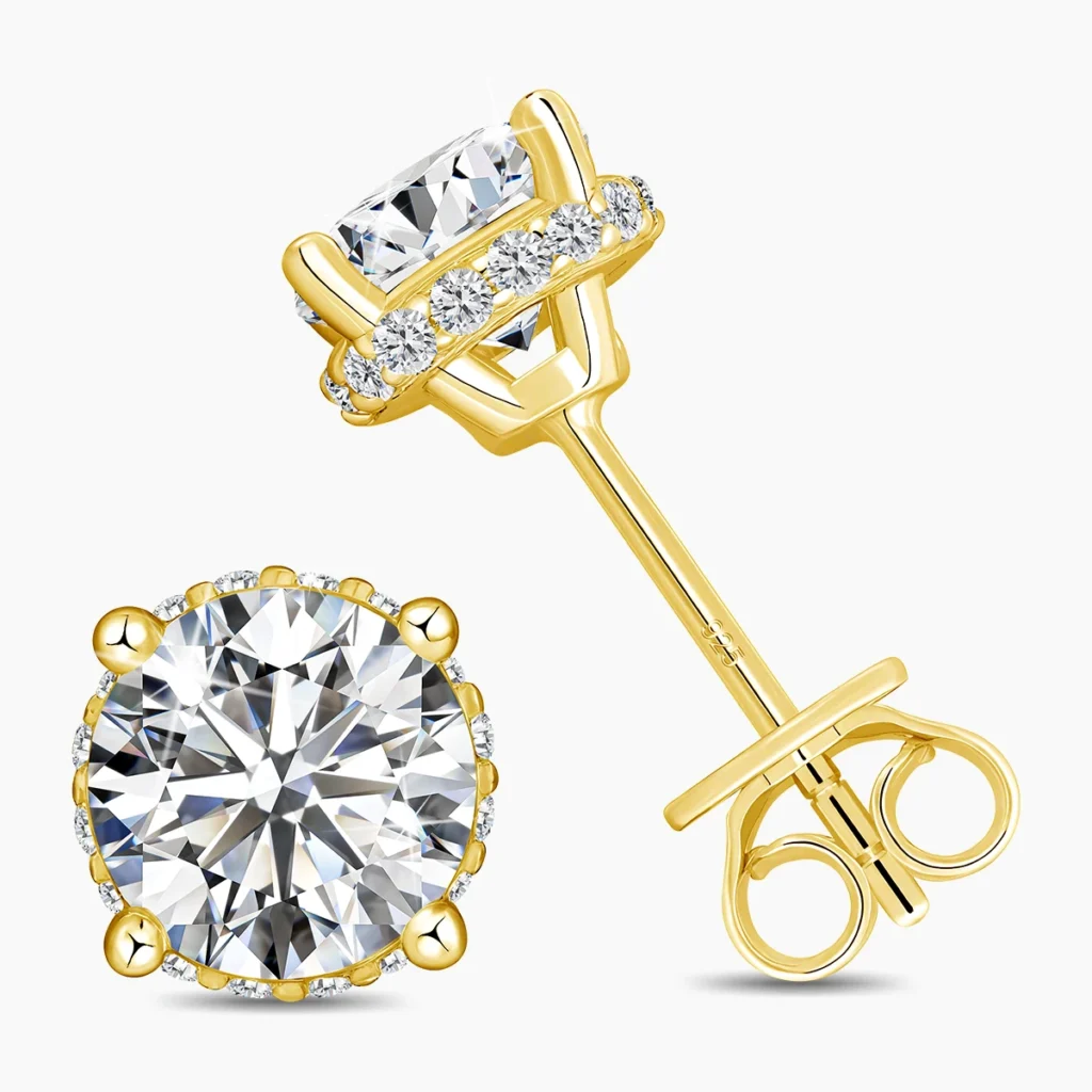 Round Moissanite Stud Earrings in 925 Silver, 18K Gold Plated Certified