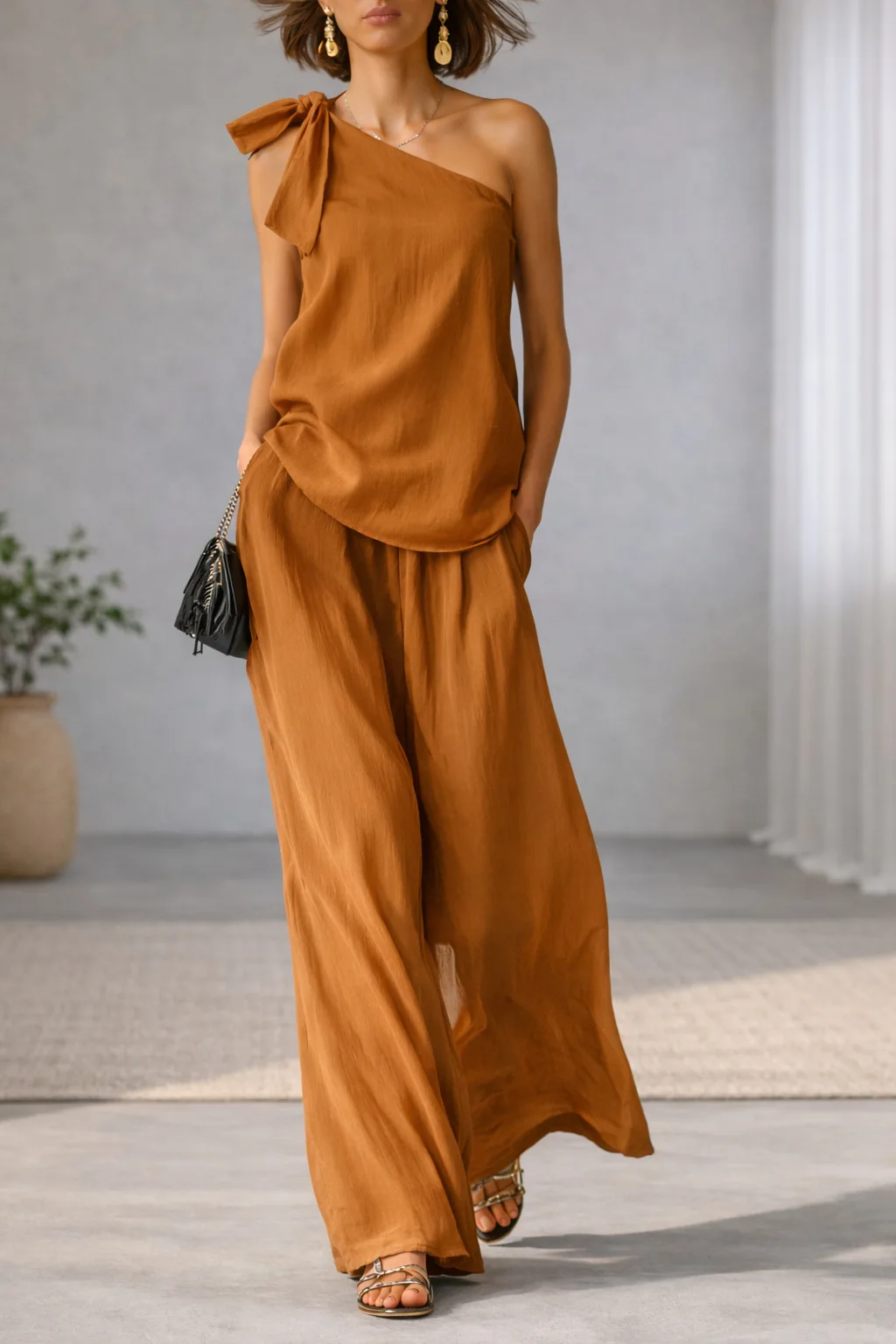 Women's 2 Piece Set 2026 Summer Sexy One Shoulder Tie Knot Top And Wide Leg Pants Suit Casual Loose Summer Beach Vacation Outfit - Image 3