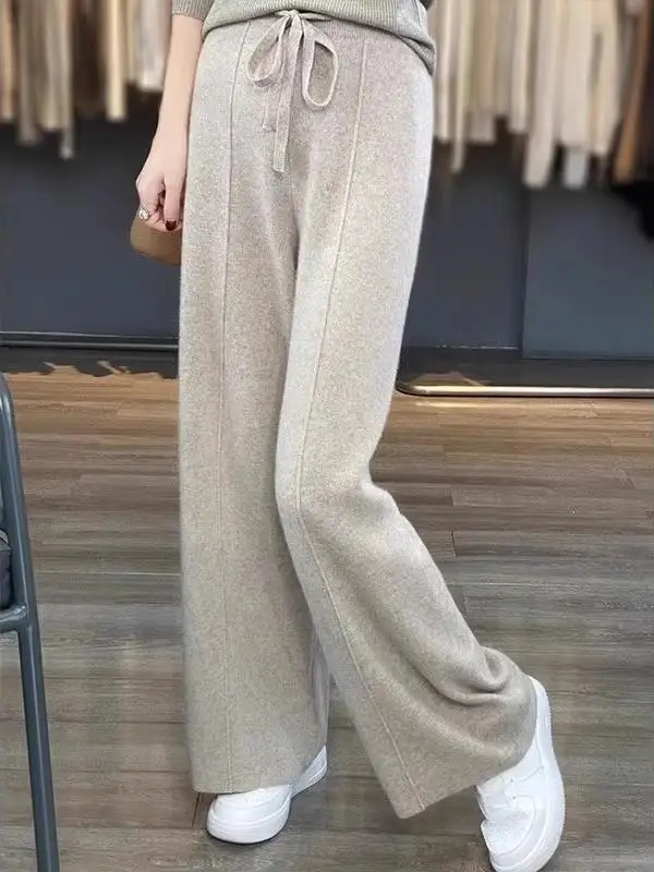 Thiened Wool Knitted Wide Leg Pants Women High Waist Draped Slim Version Floor-Length Outerwear Straight Leg Trousers - Image 3