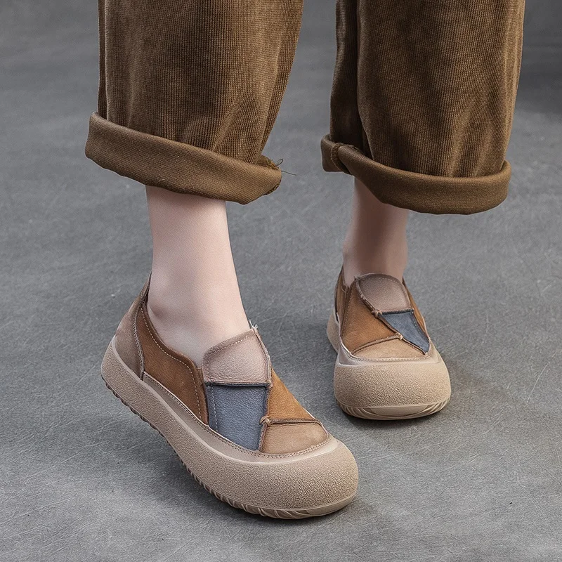 Slip-On Loafers with Mixed-Color Patch, Genuine Cow Leather, Platform Sole - Image 7