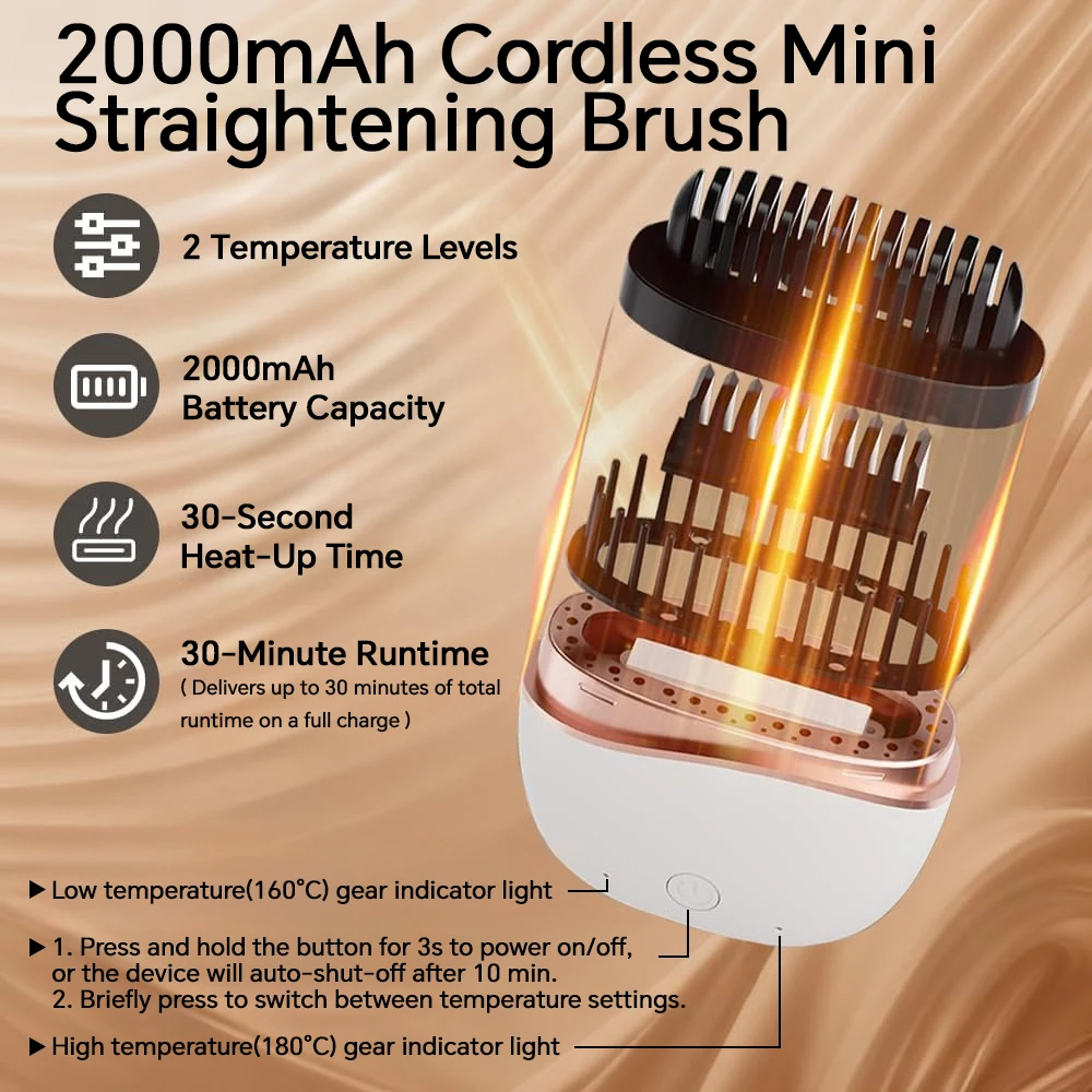 Mini Straightener USB Rechargeable Hair Straightener Brush - Anti-Scald Shell, Cordless Straightening Comb for Smooth Hairstyle - Image 2