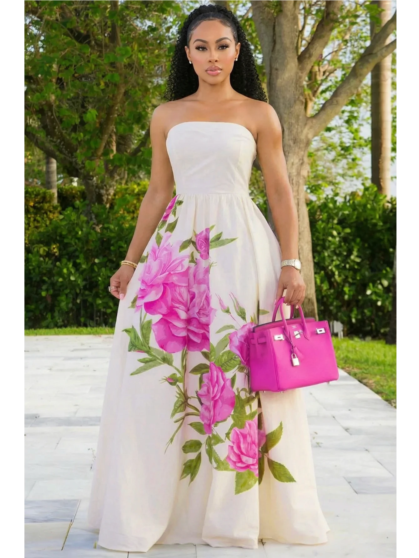 Women Tube Strapless Waist Flowy Maxi Dress With Floral Print For Wedding Guest Resort And Vacation Occasion - Image 3