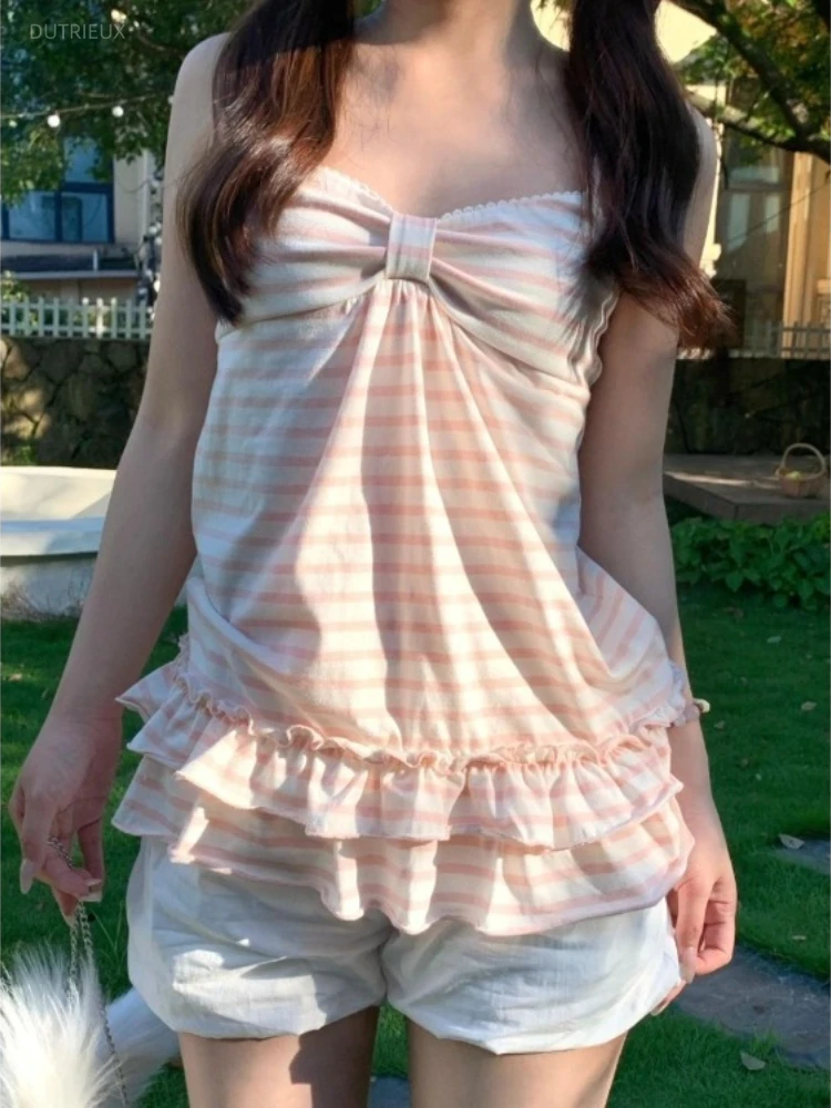 Japanese Sweet Vest Women Clothing Vintage Striped Sleeveless Tees Fashion Summer Camis Ruffles Slim Fit Vintage Tank Ropa Mujer - Image 4