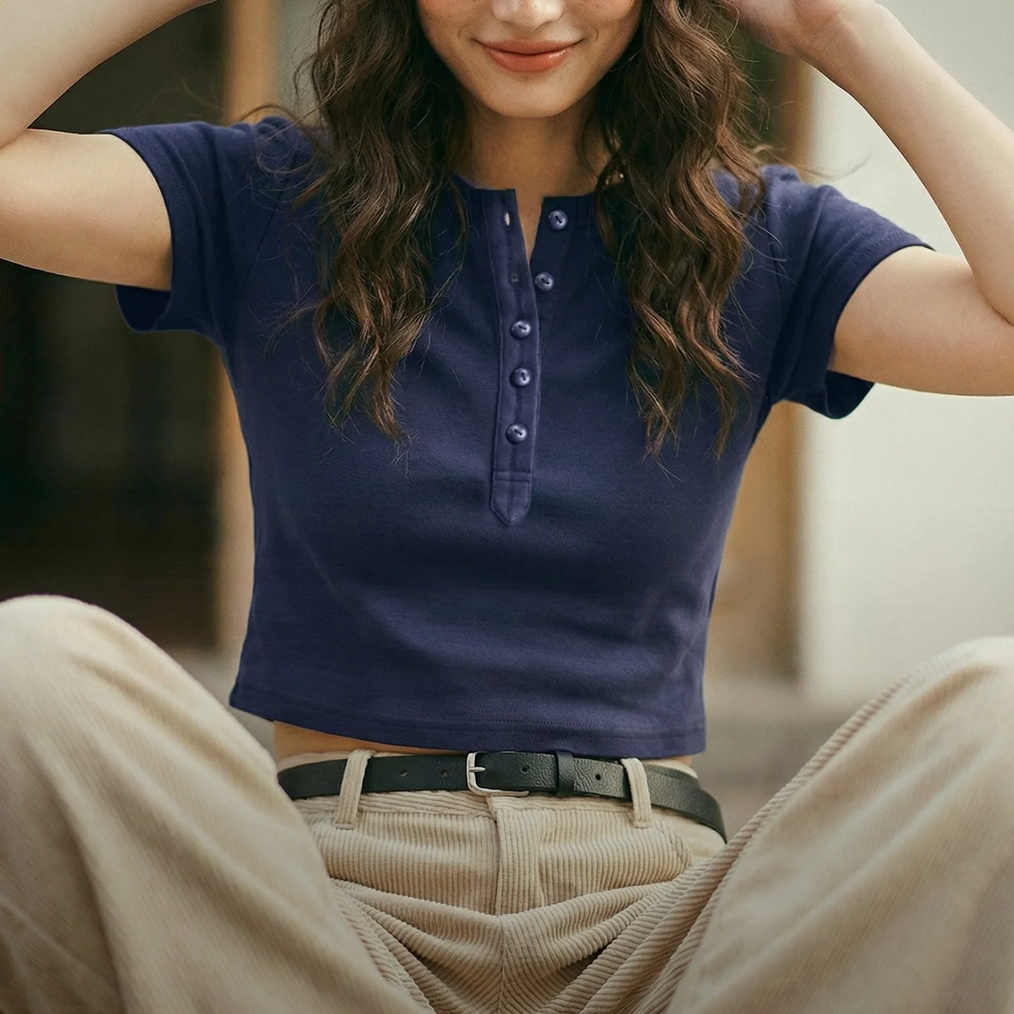 Women's Cropped Henley Tee - view 5