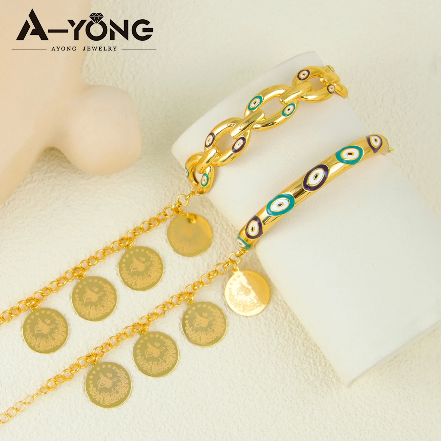 21k Gold-Plated Arabic Coin Charm Bracelet for Women – Dubai Bangles - Image 2