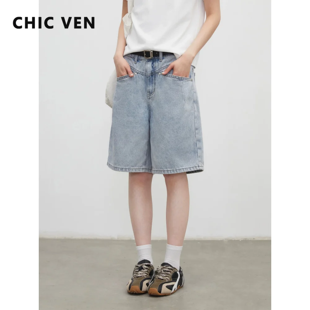CHIC VEN Fashion Women Shorts Mid-length Blue New Dividing Line Design Retro Washed Cotton Straight Leg Short Jeans Summer 2026