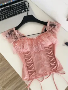 SINGREINY Lace Hotsweet Top Women Lace Up Splice Stretchy Shirred Bodycon Workwear Camisole Summer French Court Elegant Tank Top