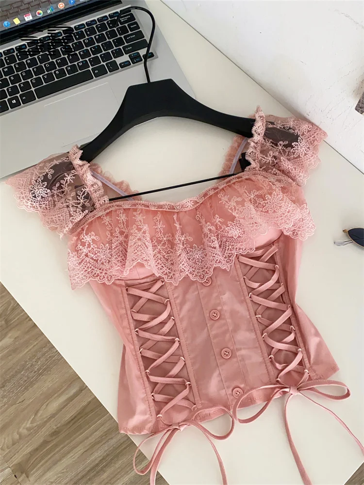 SINGREINY Lace Hotsweet Top Women Lace Up Splice Stretchy Shirred Bodycon Workwear Camisole Summer French Court Elegant Tank Top