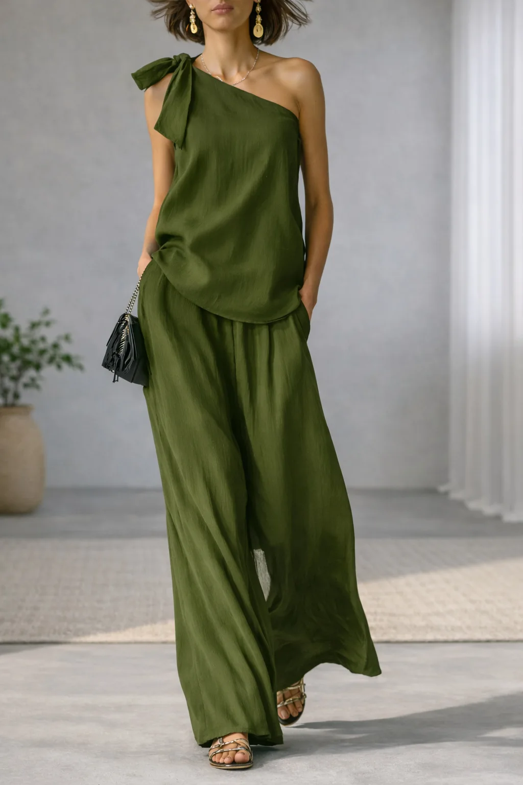 Women's 2 Piece Set 2026 Summer Sexy One Shoulder Tie Knot Top And Wide Leg Pants Suit Casual Loose Summer Beach Vacation Outfit - Image 6