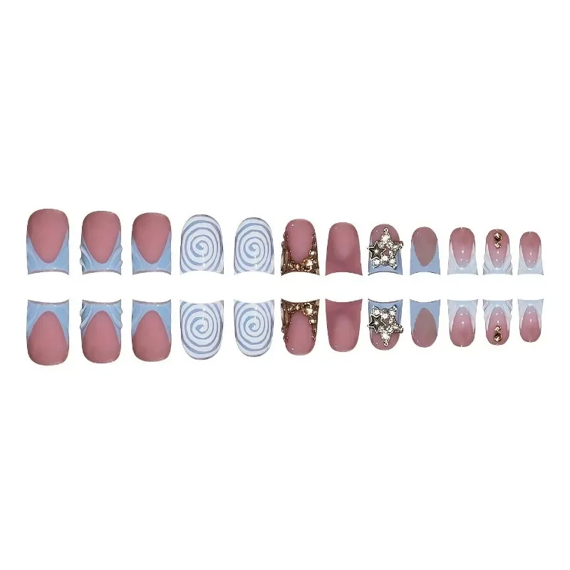 24pcs Duckbill Blue French Gradient Resin False Nails, Rhinestones - Image 3