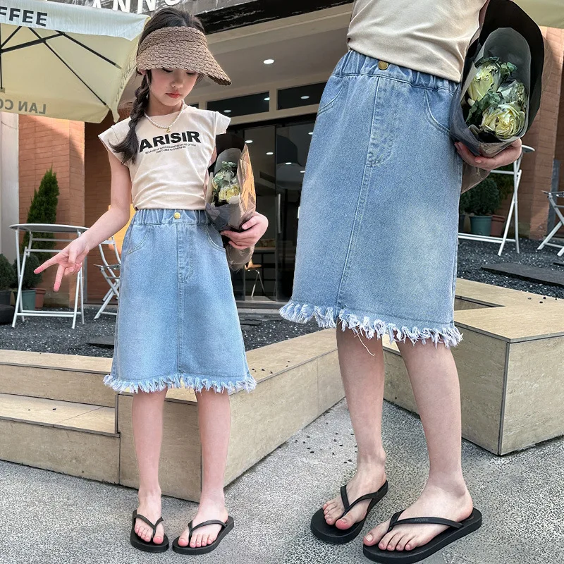 Girls' Casual Knee-Length Cotton Denim Skirt - Image 2