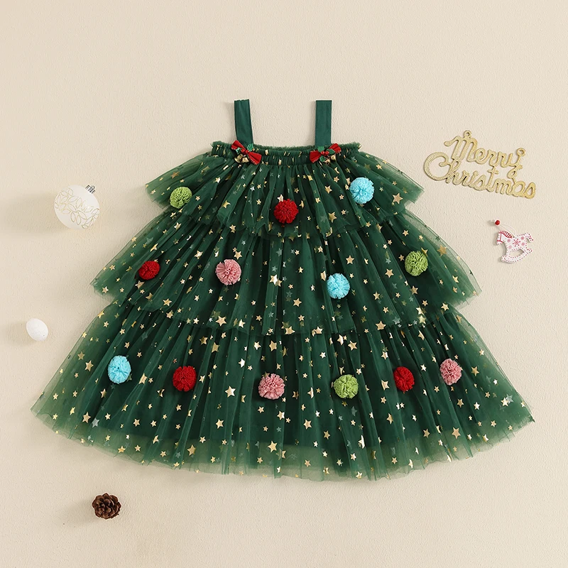 Girls Cotton Christmas Dress with Star Print and Tulle - Image 3