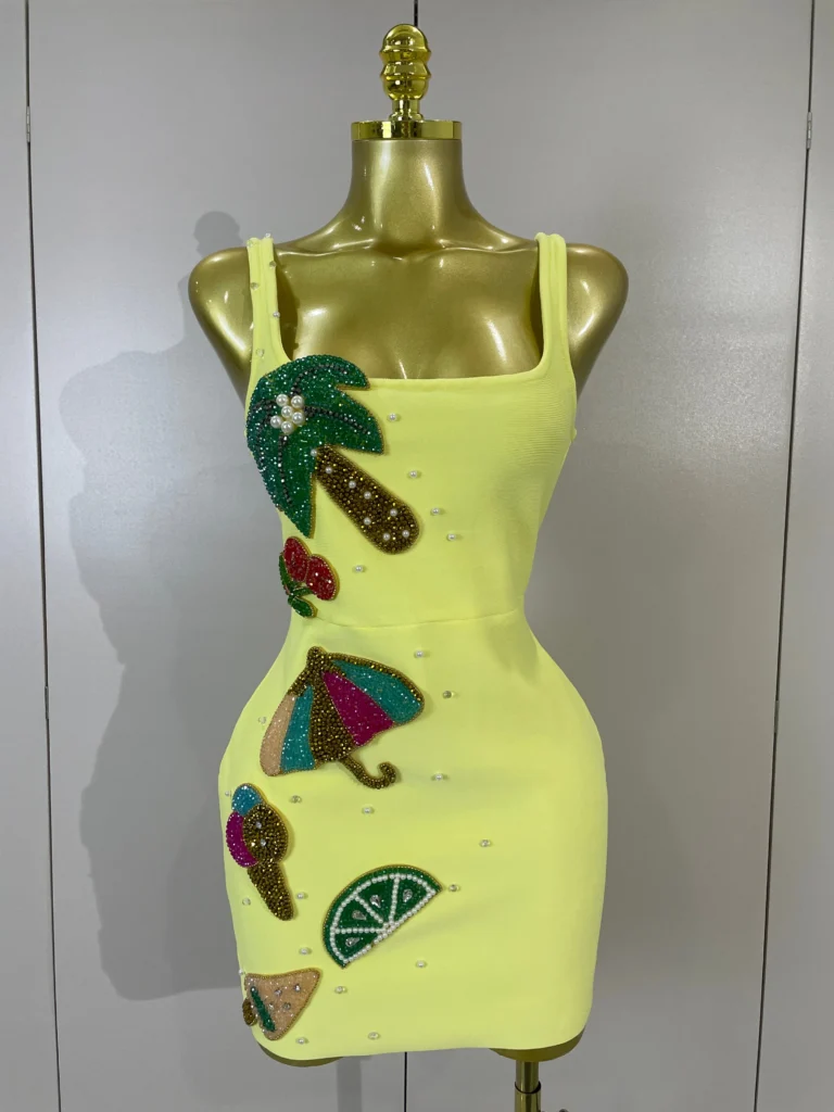 Women's Beaded Fruit Square Neck Bandage Mini Dress