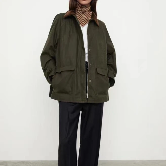 LUXURY Splicing Corduroy Workwear Jacket, Military Green Hunting Outfit, Retro Cotton Jacket, Women's Spring 2025 - Image 7