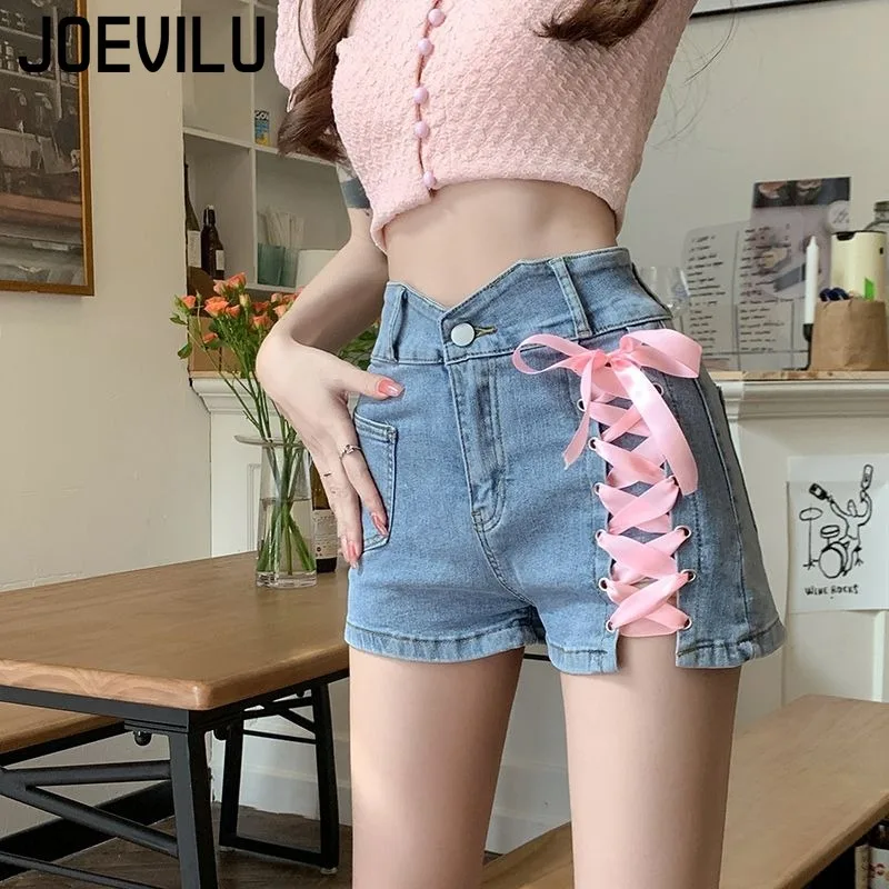 Pink Cross Denim Shorts Tie Decorative Hot Trousers Shorts Female Summer New High Waist Thin A-line Shorts Womens Clothing - Image 2