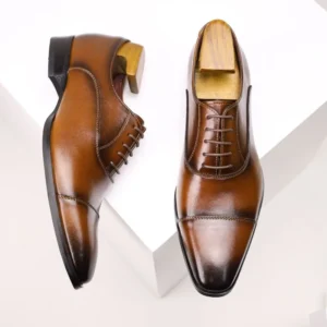 Men's Genuine Split Leather Dress Shoes, Square Toe, Rubber Sole
