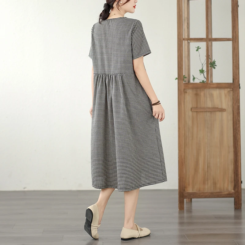 Retro Fashion Casual Plaid Dress Women Summer New V-neck Lace Splicing Loose Slimming Skirt over Knee Cotton Polyester Blend - Image 3