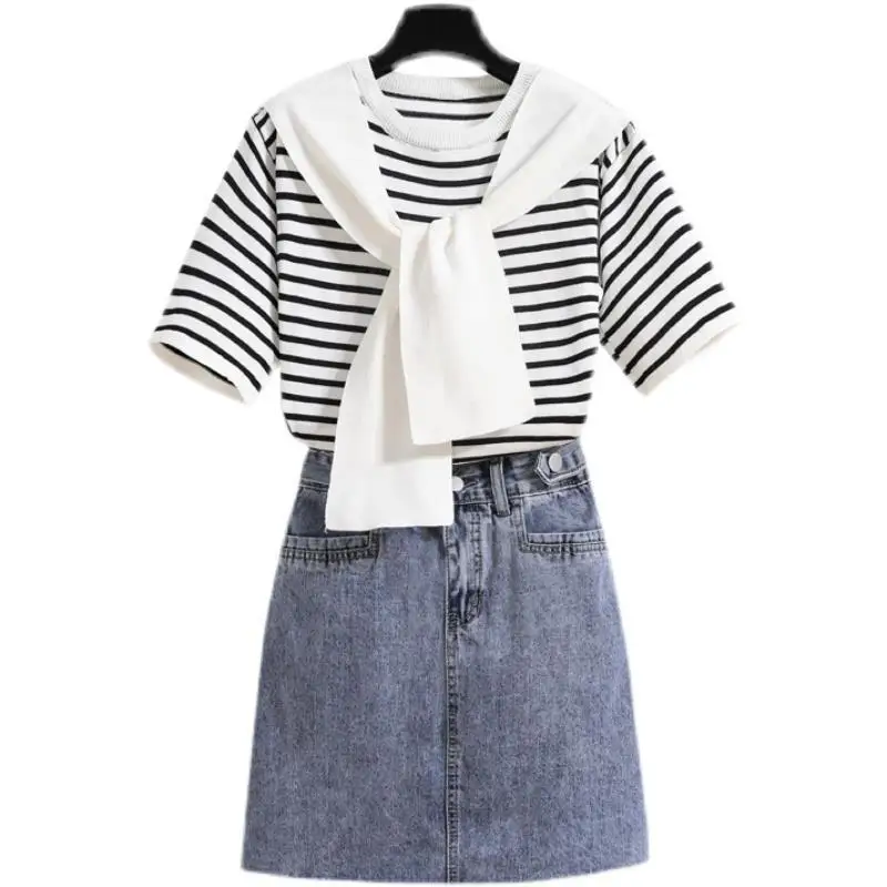 Women Casual Stripe Shawl T Shirt Skirts Two Piece Set 2025 Summer Student Fashion Tops Denim A-Line Skirt Outfits Lady Clothes - Image 8