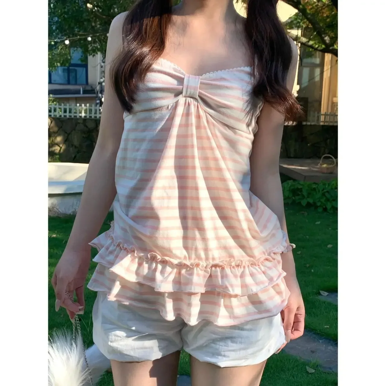 Japanese Sweet Vest Women Clothing Vintage Striped Sleeveless Tees Fashion Summer Camis Ruffles Slim Fit Vintage Tank Ropa Mujer - Image 7