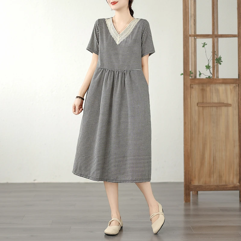 Retro Fashion Casual Plaid Dress Women Summer New V-neck Lace Splicing Loose Slimming Skirt over Knee Cotton Polyester Blend - Image 4