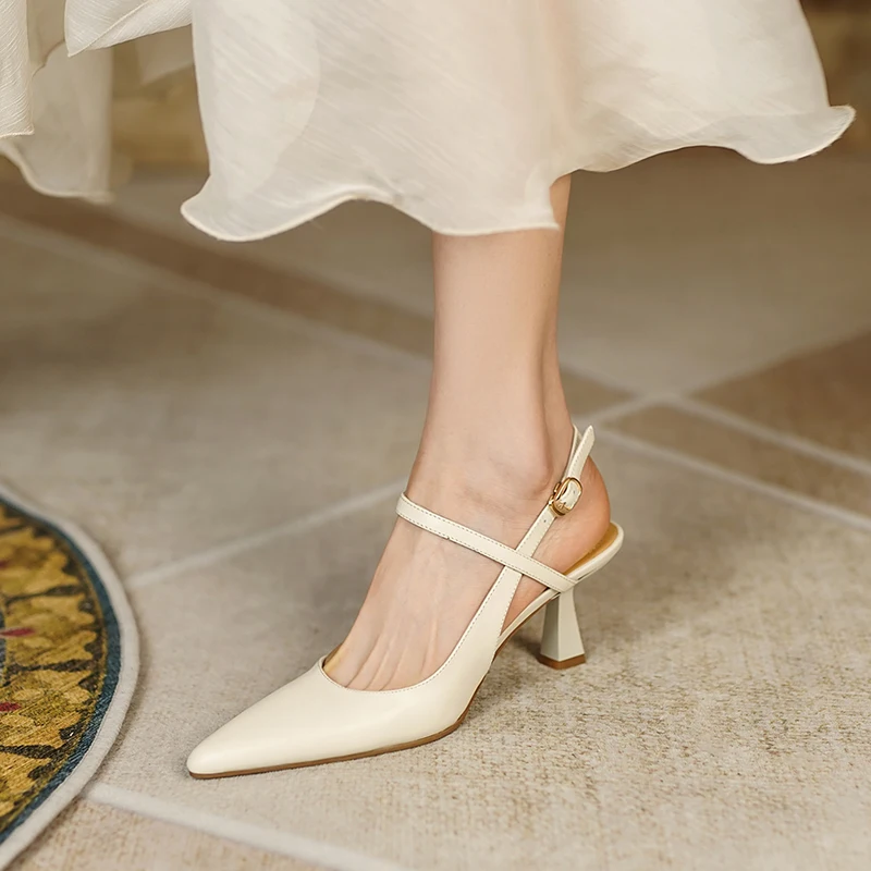 Genuine Leather Pointed Toe Slingback Heels for Women – High 5‑8 cm