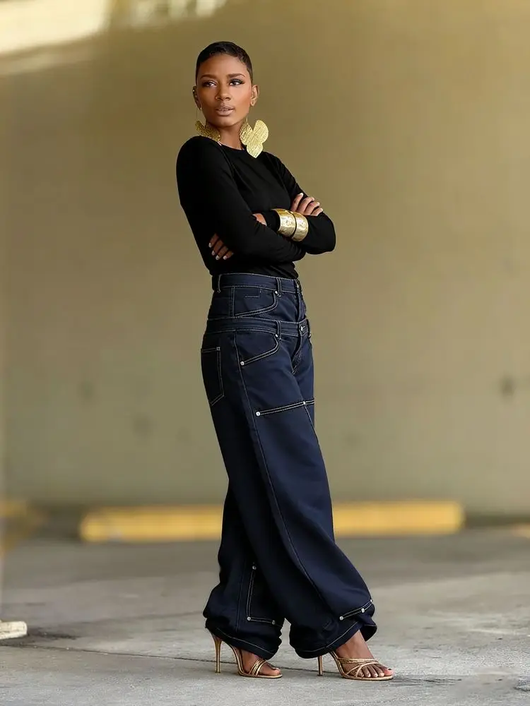 SHENGPALAE European And American Style Loose Double Waisted Collision Nail Splicing High Waisted Jeans For Women 2026 Spring New - Image 5