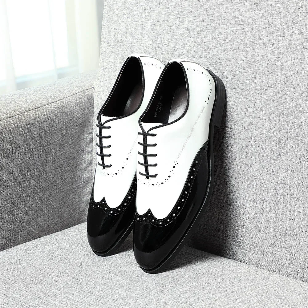 Men's White & Black Cow Leather Wingtip Brogue Oxford Shoes - Image 2