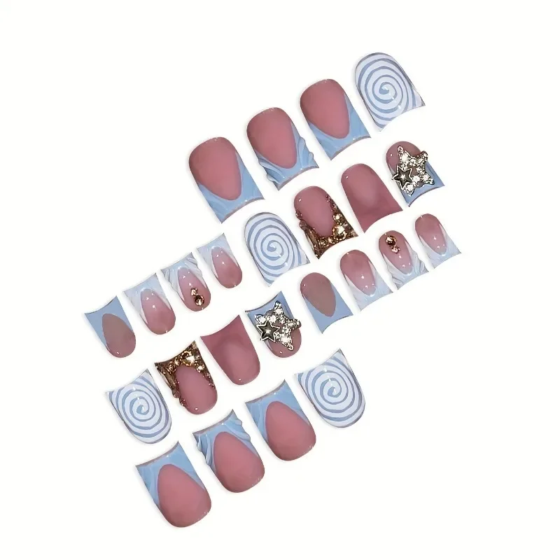 24pcs Duckbill Blue French Gradient Resin False Nails, Rhinestones - Image 2