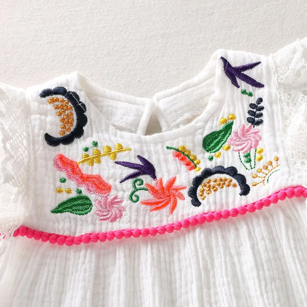 Cotton Linen Girls Dress with Pleated Short Sleeve - Image 2