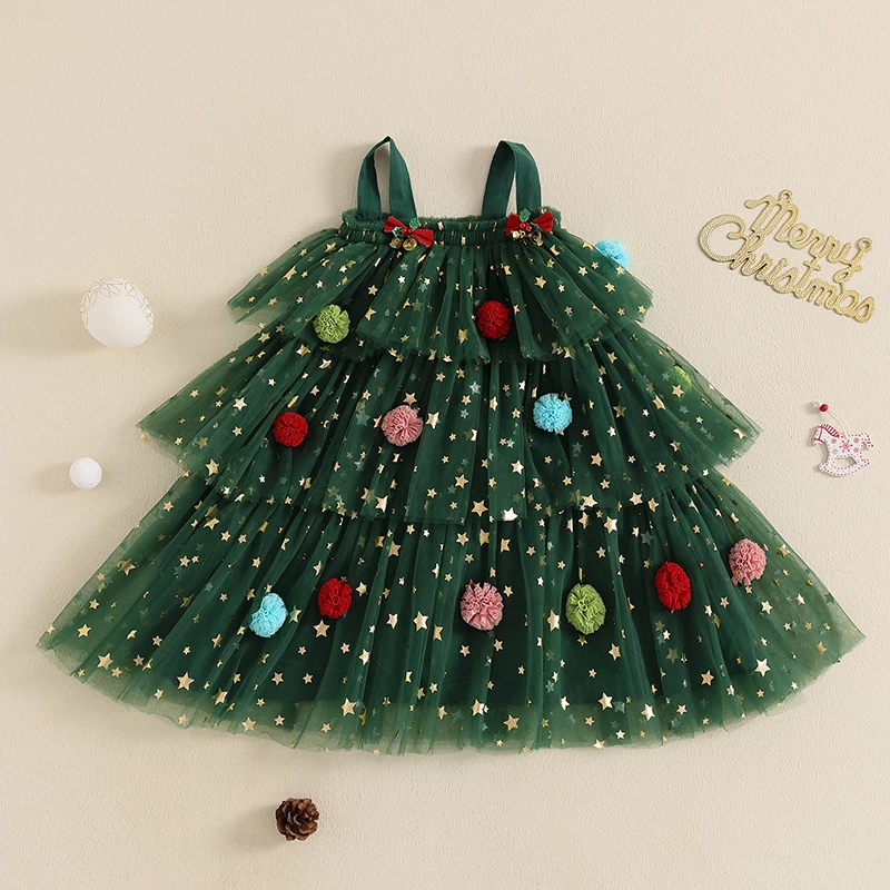 Girls Cotton Christmas Dress with Star Print and Tulle - Image 2