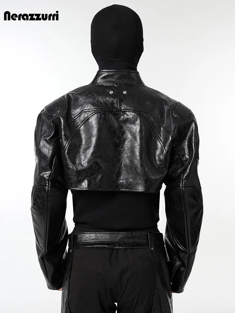 Men's Faux Leather Short Jacket with Shoulder Pads - Image 5